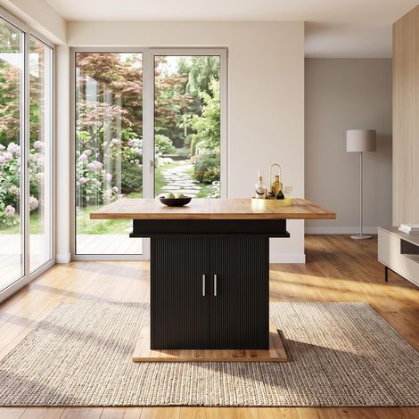 FurnitureR Black Wood Narrow Dining Table 110 to 140x70cm Wavy Door (1/5)