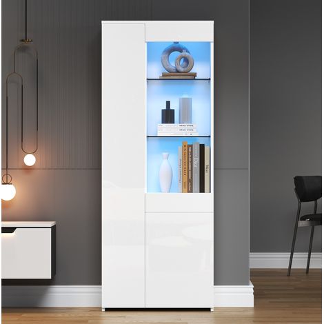 Vitrine avec LED 70 x 35 x 180 cm, 2 portes, 1 tiroir, verre trempé, blanc brillant DESVIAE (1/5)