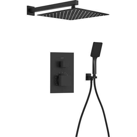 Set de douche à encastrer avec mitigeur thermostatique, boîtier d'installation, 2 sorties, noir mat (1/2)