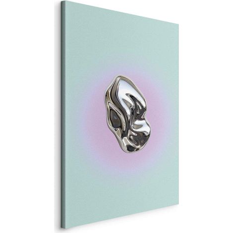 Bild – Metallische Form – eine abstrakte Skulptur auf mintgrünem Hintergrund mit einem violetten Heiligenschein (1/3)