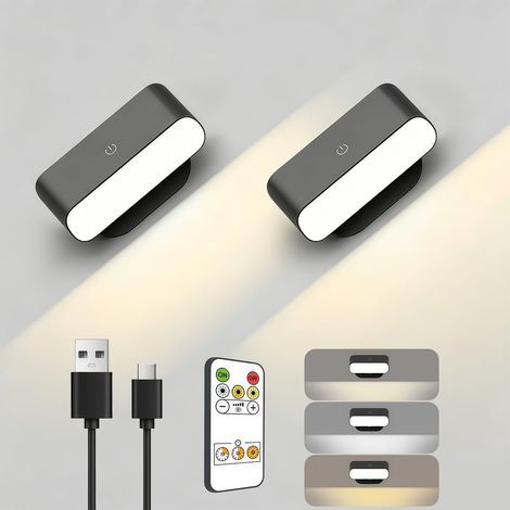 Wandleuchte für den Innenbereich, 2er-Set kabellose Wandleuchten mit Fernbedienung und Touch-Steuerung, 3 dimmbare Farben, 360°-Drehung, Nachttischlampe für Wohnzimmer, Schlafzimmer und Treppenhaus, S (1/5)