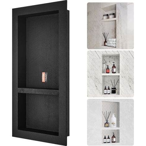Niche Encastrable Salle de Bain 81,28x40,64x10 cm Niche Douche Murale Double Étagère en Plastique XPS Coins Carrés Protection Scellée Moderne pour Stockage de Savon Douche Salle de Bains, Noir (1/5)