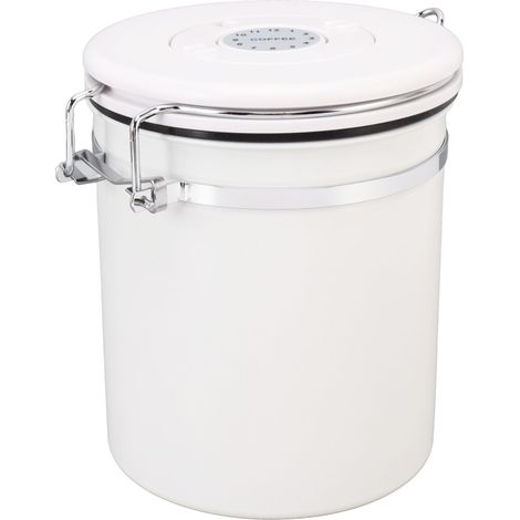 Boîte à café en acier inoxydable avec couvercle hermétique et cuillère intégrée, idéale pour le café en grains, le thé et les noix. Blanche, 1,5 l. (1/5)