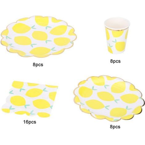 8 assiettes grandes, 8 assiettes petites, 8 gobelets, 16 serviettes en papier jaune thème citron pour mariage et fêtes estivales
