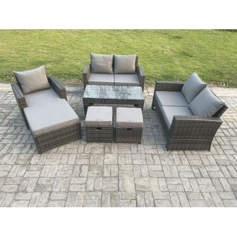 Fimous Outdoor Rattan Patio Furniture Set Garden Lounge Sofa Set with 3 Footstools Coffee Table Dark Grey Mixed (1/5)