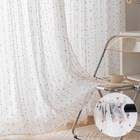 Rideau semi-transparent à ouverture par tirette, en tissu léger, orné de pompons colorés, idéal pour les chambres d'enfants, les salons et les chambres à coucher L 132 x H 241 cm (1/3)
