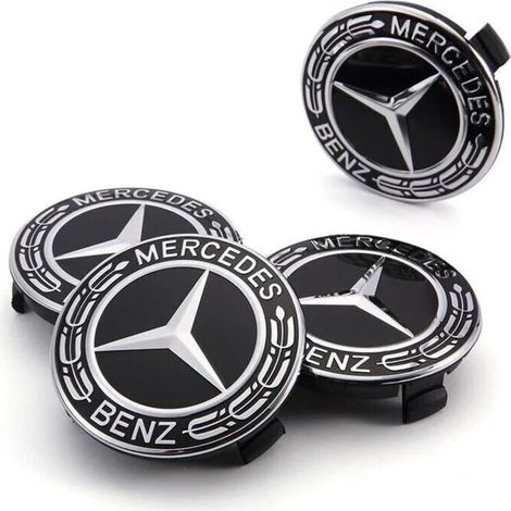 4x Capuchons de moyeu de roue en alliage noir Mercedes de 75 mm (1/2)