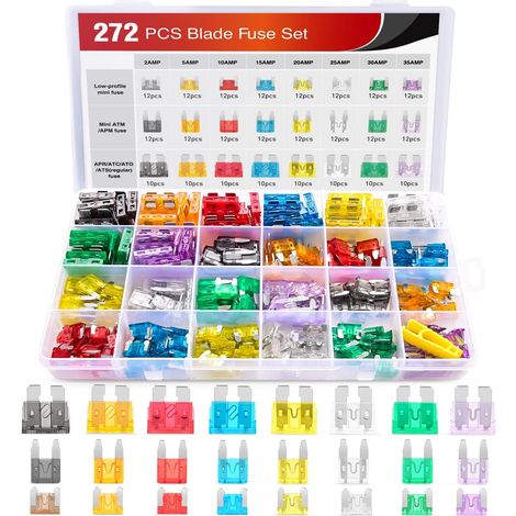 Paquete de 272 fusibles de cuchilla estándar, mini y delgados, de 2 A, 5 A, 10 A, 15 A, 20 A, 25 A, 30 A y 35 A para automóviles, barcos, camiones y SUV. Reemplácelos con fusibles para automóviles.