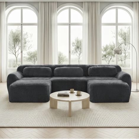 Modulares Ecksofa grau aus Plüsch mit rutschfester Basis und Kissen (1/5)