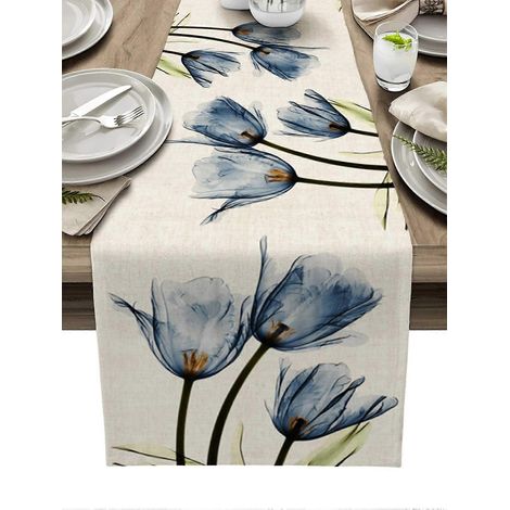 Chemin de table tendance en lin, style bohème, inodore, style champêtre, idéal pour la salle à manger, les fêtes et les vacances d'été, 33 x 1 cm. (1/5)