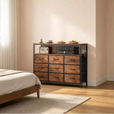 Commode 9 tiroirs 110x30x85 cm en bois/métal noir-brun, avec LED, pour salon gain de place – MEUBLIV (1/5)