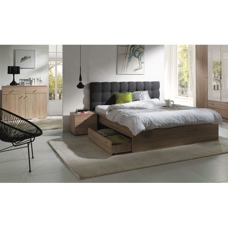 Meublorama – Ensemble chambre complète MAXIM – Lit adulte 160x200 cm avec tiroir de rangement – 2 chevets et commode inclus – Optimisation espace