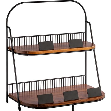 Étagère à 2 niveaux 35,5 x 21 cm, hauteur 40 cm - 1 cadre en métal noir avec pieds antidérapants - 2 planches en bois d'acacia : 34,5 x 20,5 cm (1/5)