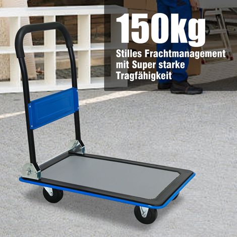 Chariot plateforme bleu, diable roulant 150 kg avec roues pivotantes 360°, pliable pour chargement et stockage, transpalette manuel d'entrepôt (1/5)