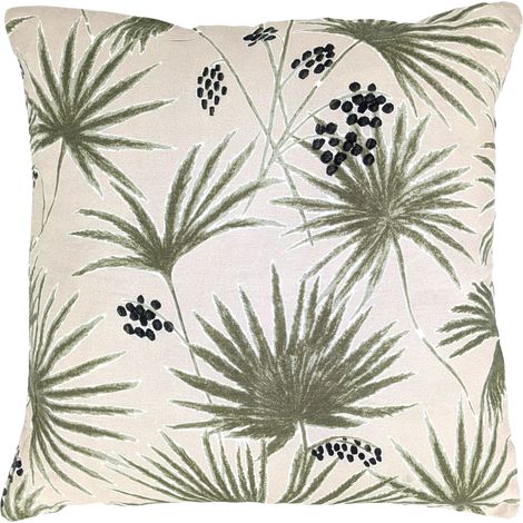 Housse de coussin en lin lavé imprimé végétal doublé coton lavé uni PALAWAN 45x45 cm (1/5)