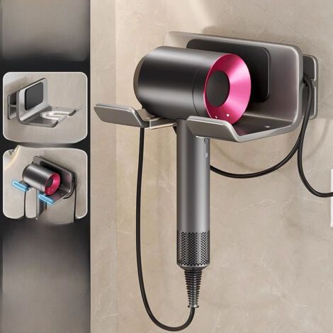 Support mural de salle de bain en aluminium sidéral gris anthracite pour sèche-cheveux, résistant aux rayures et sans perçage.