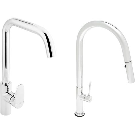 Set miscelatore lavabo con braccio girevole + miscelatore cucina con doccetta estraibile a 2 getti, braccio girevole, cromato (S
