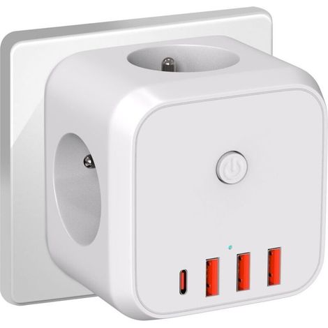 Prise Multiprise Compacte 7 Prises 4000W 16A avec Portes de Sécurité et Protection Foudre, Idéale pour Bureau et Voyage, Blanche (1/4)