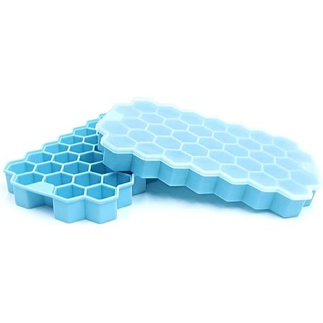 Lot de 2 bacs à glaçons en silicone souple et facile à démouler - 74 bacs à glaçons avec couvercle, sans BPA, empilables pour whisky, cocktails, boissons réfrigérées (bleu) (1/5)