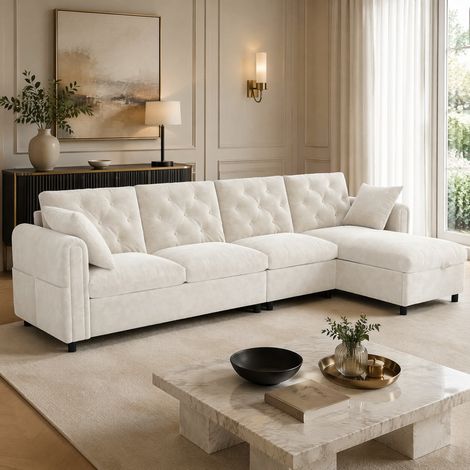 Sofá esquinero en terciopelo beige con almacenamiento y chaise reversible OKWISH (1/5)