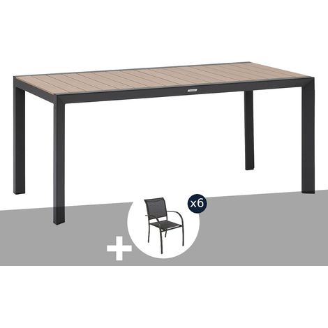 Hesperide – Table de jardin rectangulaire en aluminium 6 places – Effet bois honey et graphite – 169,5 x 80 x 75 cm – 15,6 kg – 6 fauteuils Piazza