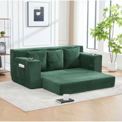 Canapé modulable 2 places en velours côtelé émeraude, mousse à mémoire de forme, 2 porte-gobelets et poches latérales, sans montage, pour studio – CHICFURN (1/5)