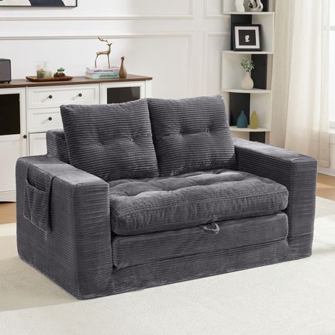 Canapé 2 places gris en velours côtelé, idéal pour s'asseoir et se reposer, avec accoudoirs élargis et poches latérales – Dimensions : 140 x 85 x 67 cm (1/5)