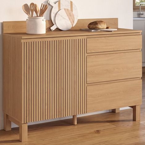 Mueble bajo de cocina con espacio para ollas, 120 cm, modelo JULIETTE, encimera de 83 cm de altura, 1 puerta + 3 cajones con efe (1/5)