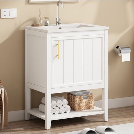 Meuble lave-mains sur pied MDF blanc avec vasque en céramique et rangements (1/5)