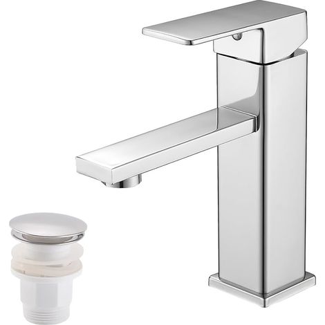 Robinet de salle de bain avec bonde - Robinet de lavabo à une main - Petit mitigeur monocommande - En acier inoxydable - Pour vasque de lavabo (1, chromé avec bonde) (1/5)