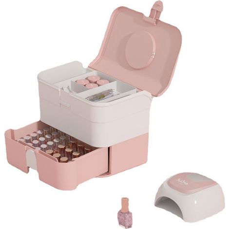 Tragbare, zweistöckige Kosmetikaufbewahrungsbox mit großem Fassungsvermögen für Nagellack und Make-up – Rosa (1/5)