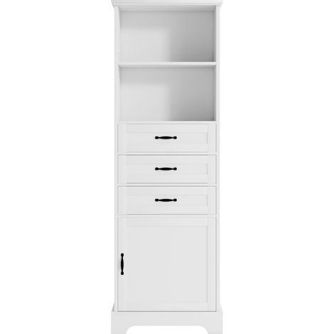 Armario de baño MDF blanco 56x25,6x167 cm con 3 cajones y estantes ajustables (1/5)
