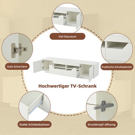 Meuble TV blanc 180x40x45cm, console basse à 2 tiroirs et 2 caissons, finition laqué brillant avec LED intégrées, support pour téléviseur 75 pouces, meuble sous TV moderne. (1/5)