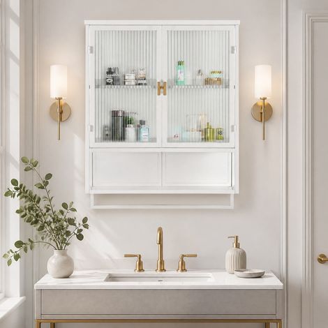 Mueble de baño mural de 60 cm con 2 puertas, cristal y metal, blanco DESVIAE (1/5)