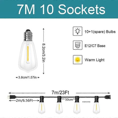 Guirlande lumineuse d'extérieur ampoules LED ST38 pour patio terrasse garden-party prise européenne 7 m 10 ampoules (1/5)