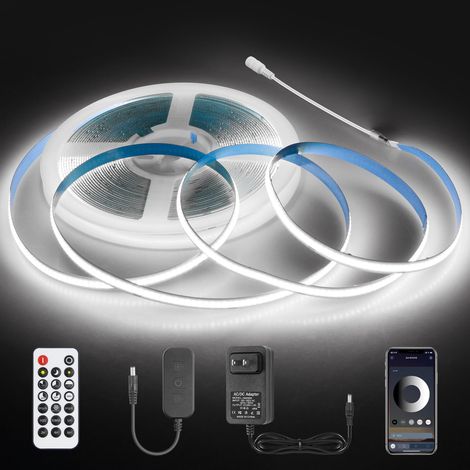 Bande lumineuse LED COB 10 m blanc froid à intensité variable 24 V ultra lumineuse bande lumineuse flexible sans points avec télécommande et alimentation pour cuisine, sous placard, miroir (1/5)