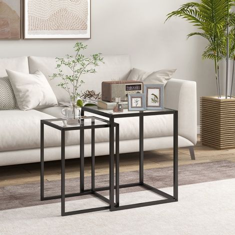 Set di 2 tavolini da salotto 42x42x51 cm e 33x33x45.5 cm, impilabili, vetro temperato, nero (1/5)