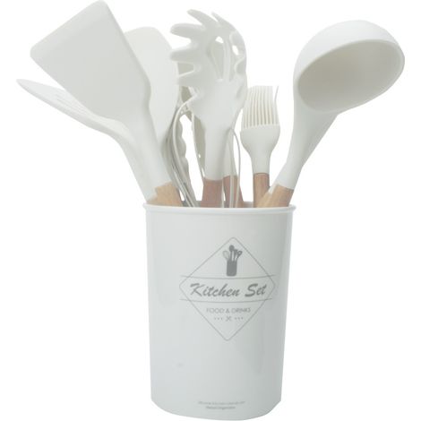 Ustensiles de cuisine en silicone de bois, 12 pièces d'accessoires de cuisine, sans bisphénol A, adhésif résistant aux rayures et à la chaleur, pour cuillère / spatule / spaghetti scoop adhésif blanc