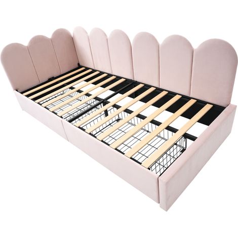 Polster-Einzelbett aus rosa Samt 90 x 190 cm mit 2 Schubladen und Lattenrost (1/5)