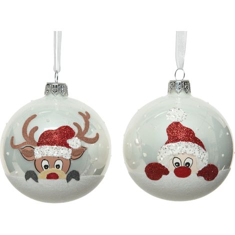 Palline per albero di Natale in vetro decorate con Babbo e Renna da 8 cm, confezione 6 pezzi