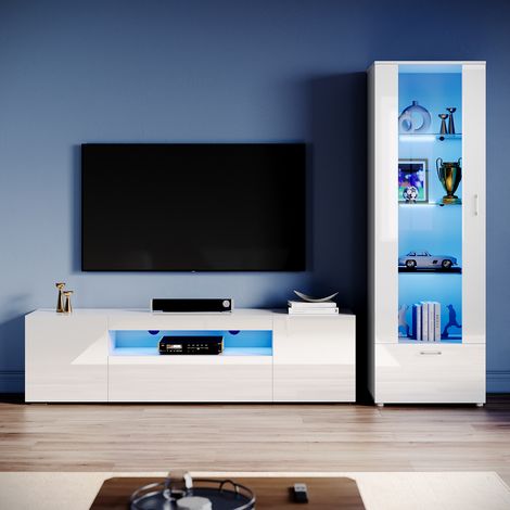 ELEGANT Living Room Set Modern High Gloss Fronts with LED Light, 1800mm TV Stand, Display Cabinet with Glass Shelf Tall Storage Cabinet, White (1/5)