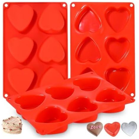 Silicone chocolate molds, heart-shaped soap mold with 6 compartments for Valentine's Day cakes, jelly, handmade soap, 3-piece set of red silicone soap molds