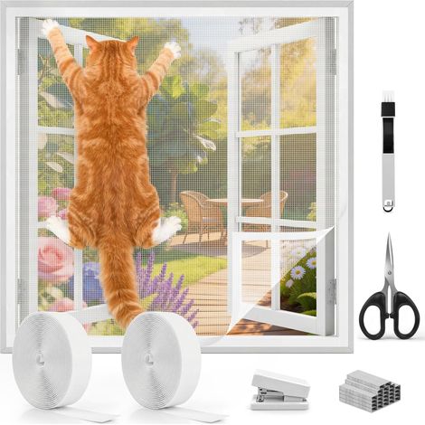 Moustiquaire de fenêtre pour chat - 100 x 150 cm - Autocollant épais - Réglable - Avec brosse/ciseaux/agrafeuse/agrafes - Filet de protection pour animaux de compagnie (1/5)