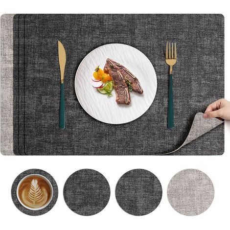 Set de 6 tapis de table et porte-gobelets, [double face double couleur] Résistant à la chaleur et antidérapant, en PU lavable, convient pour cuisine intérieure et extérieure. (1/5)