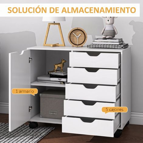 Meuble de bureau à 5 tiroirs, roulettes, étagère réglable, support pour imprimante, 78 x 40 x 66,5 cm, blanc (1/5)
