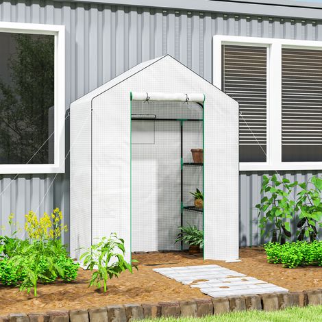 Serre de jardin 143x74x190 cm blanche en plastique avec porte enroulable, fenêtre moustiquaire et étagères (1/5)
