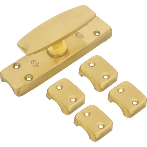 Verrou en applique pour fenêtres - doré - Fermeture de sécurité en laiton avec poignée, comprend un support central + 4 supports latéraux, dimensions : 126 x 32 mm, Doré (1/5)