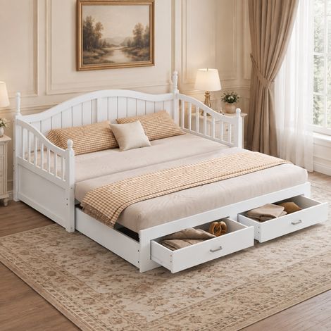 Sofá cama extensible 90x190 cm con 2 cajones, blanco, madera, sin colchón FloraGrace (1/5)
