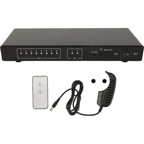 Répartiteur d'interface multimédia HD 2 entrées, 8 sorties, prend en charge la 4K 60 Hz, télécommande incluse. (1/4)