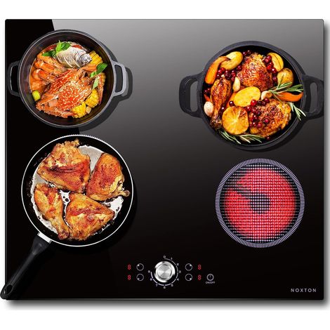 NOXTON Plaque VItrocéramique 4 Feux, Plaque de Cuisson Electrique 4 feux Encastrable, 6000W, Table de Cuisson Vitrocéramique avec Commande à Bouton Unique, 220-240V, sans Prise